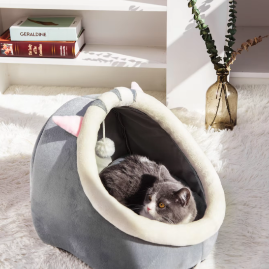 Cuddly Cat Bed Cave - Soft Iglo With Ears Play Ball